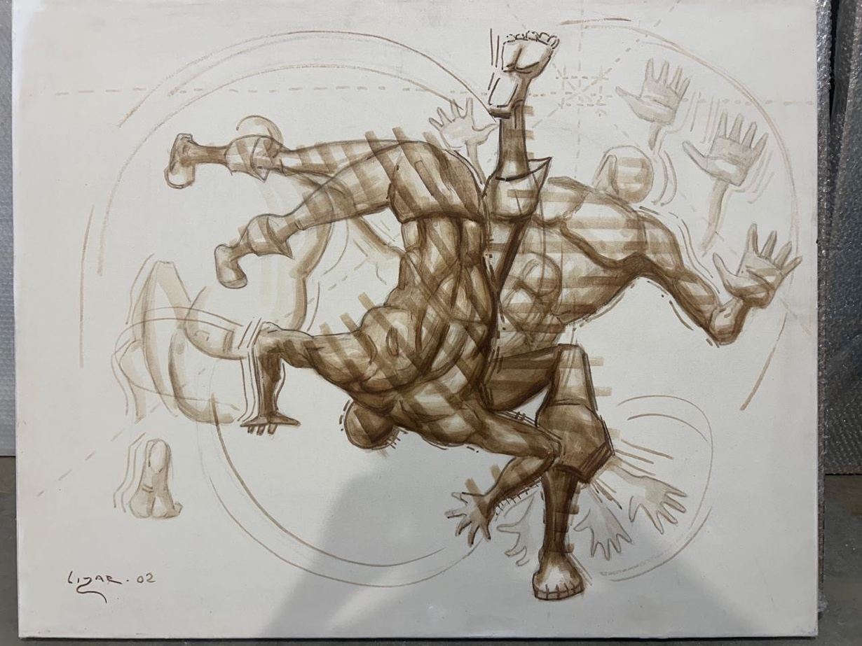 Desenho sépia de capoeirista em movimento