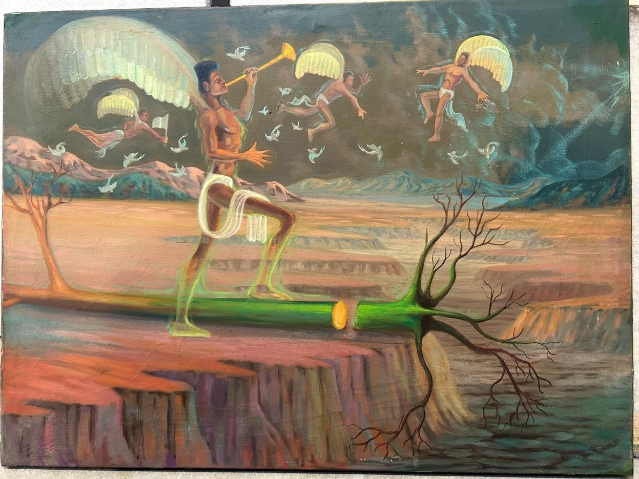 Figuras aladas sobre paisagem desértica