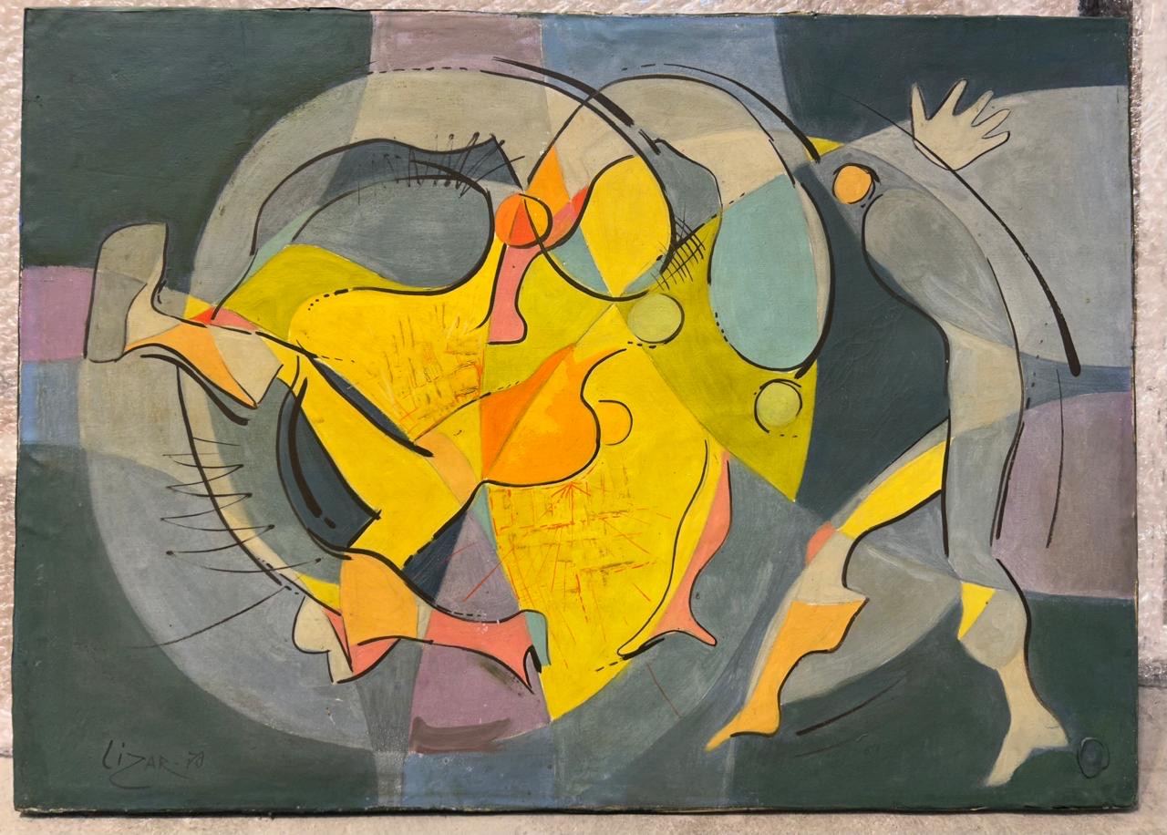 Figura abstrata em amarelo e cinza
