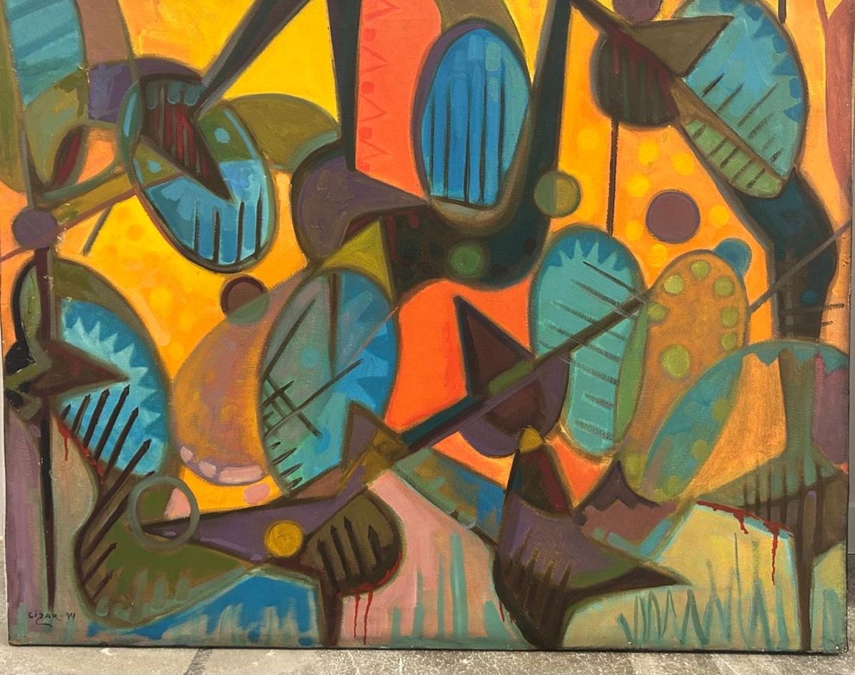 Formas abstratas em azul, laranja e turquesa